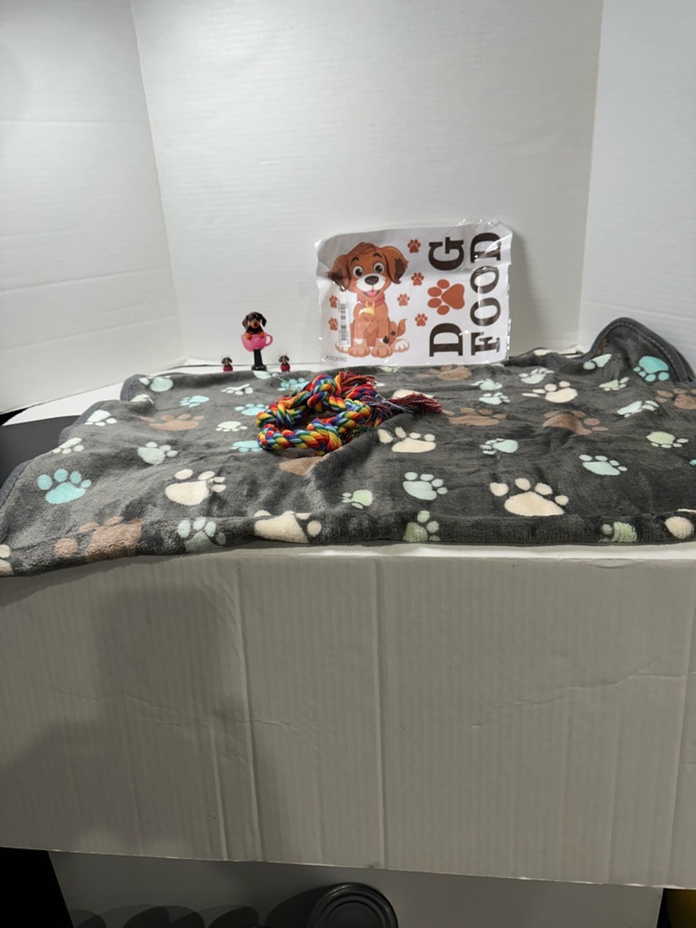 Plush Paw-Print Dog Blanket - Gray with Cream & Mint Paw Accents
